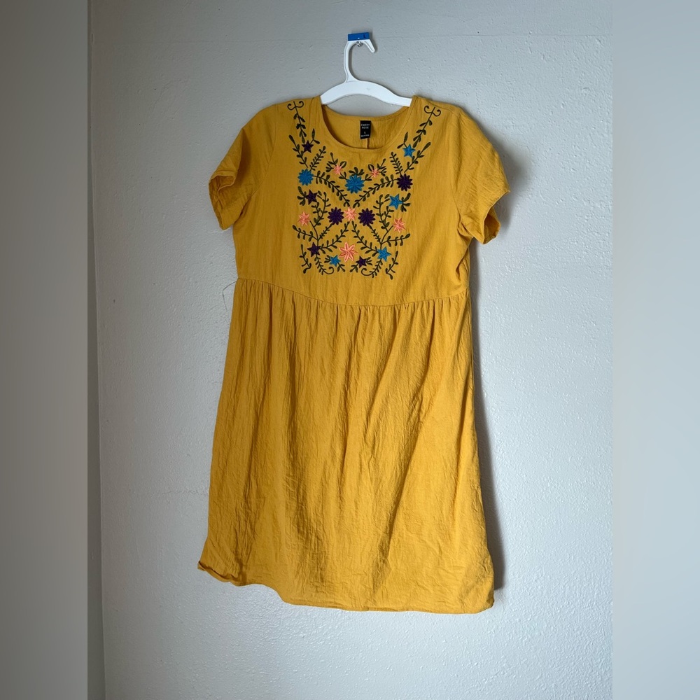 Embroidered cotton floral knee length yellow dress